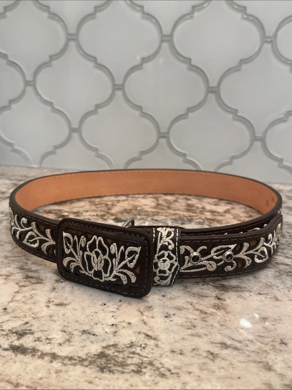 Embroidered Leather Belt in Dark Brown and White